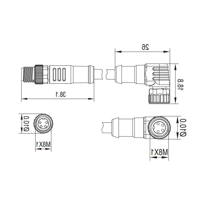 M8 4Pin 母头90°转公头直型、双端预铸PUR柔性电缆、带屏蔽、黑色护套、63D165-XXX